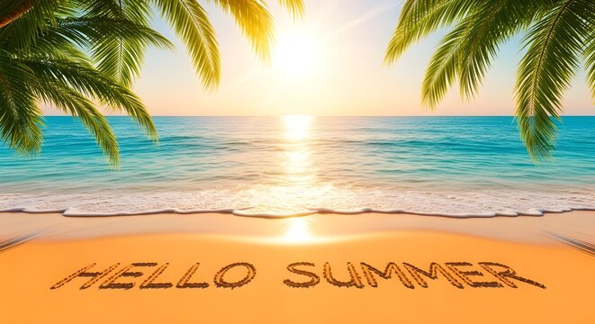 Tropical beach scene with palm tree leaves framing a bright sunset over the ocean, featuring the words hello summer written in the sand - Powered by Adobe