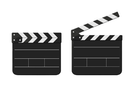 Two realistic film clapper boards, one closed and one open