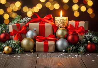 Festive christmas scene with gifts, candle, ornaments, bokeh