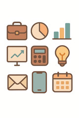 Collection of business and finance icons briefcase, chart, calculator, light bulb, calendar, and more