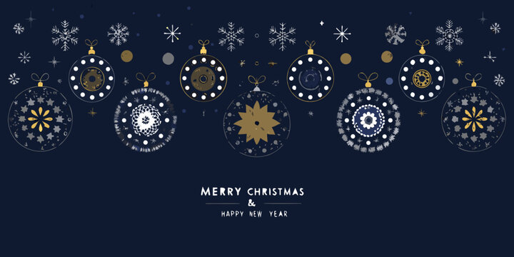 Elegant merry christmas and happy new year greeting card with festive ornaments and snowflakes