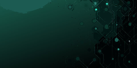 Abstract dark teal background with glowing circuit board patterns and digital data flow