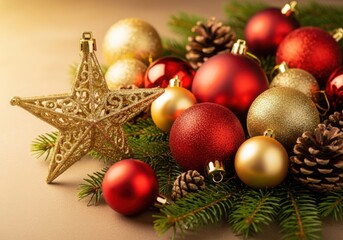 Festive gold star and red, gold baubles on pine branches