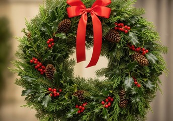 Christmas wreath with red bow, holly berries, pine cones.