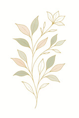Fototapeta premium Delicate Golden Botanical Illustration of a Flowering Stem with Softly Colored Leaves