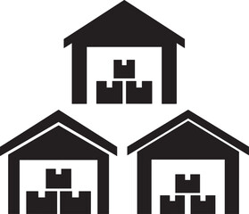 Three warehouses filled with boxes silhouette