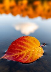 Stunning autumn leaf floating serenely on still water, reflecting the colorful fall foliage above with gentle raindrops adding to the beauty