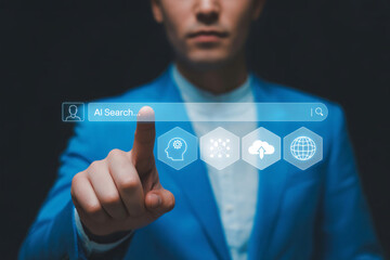 AI Integration Man Interacting with a Digital Search Interface Featuring AI Icons, Highlighting the Blend of Technology and Human Interaction