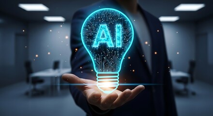 Discover AI Potential Lightbulb on Hand Illustrates Artificial Intelligence and Machine Learning Technologies for Business Innovation and Futuristic Vision