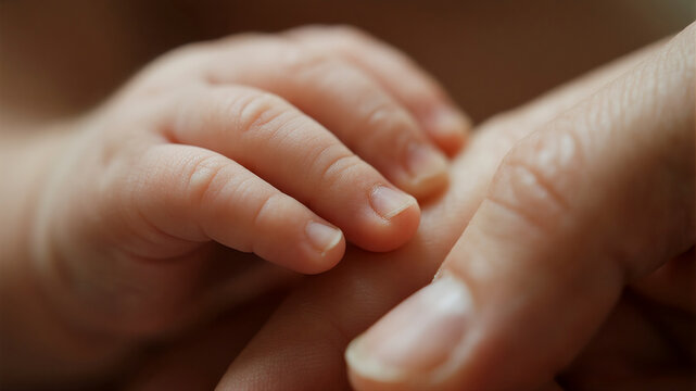 An abstract macro photograph focuses intensely on the interlocking skin textures and gentle curves of a tiny newborn hand and an adult finger signifying deep connection