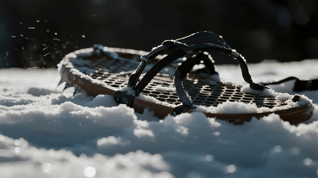 An abstract macro photograph focuses intensely on the rough mesh texture of a snowshoe frame contrasting with the soft powder snow and deep shadows