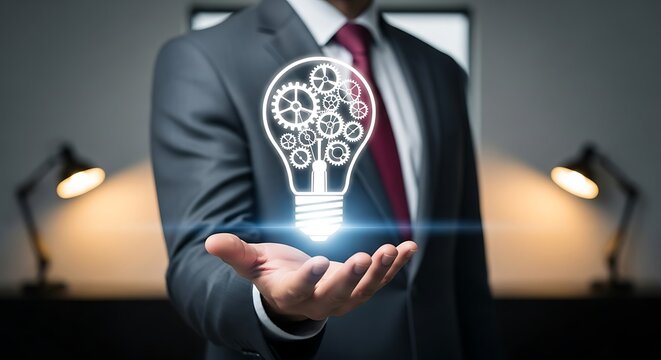 Empowering innovation with a bright idea a businessman holds a glowing lightbulb with gears, symbolizing solutions and creative thinking in business strategy