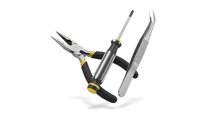 Tools for Repair Pliers, Screwdriver, and Tweezers on White