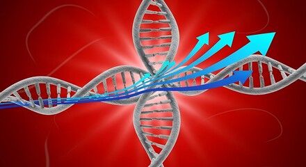 DNA strands with blue arrows on red background.