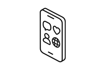 Isometric smartphone displaying social network icons for messaging and global connection