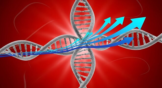 DNA strands with blue arrows on red background. - Powered by Adobe
