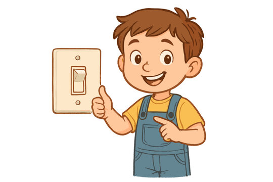 Cheerful child pointing to a wall light switch and showing thumbs up for conservation