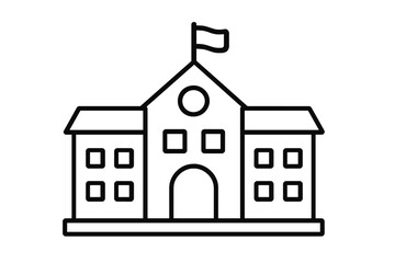 Outline drawing of a traditional school building exterior with a flag on the roof