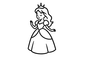 Cute cartoon princess character wearing a crown and elegant ball gown, black and white outline drawing