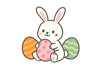 Cute cartoon rabbit character sitting among colorful decorated Easter eggs on a white background