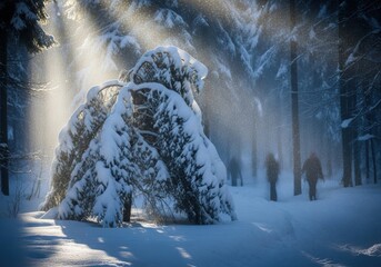 Winter sunbeams illuminate falling snow in a forest path
