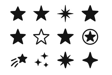 Black star shapes and sparkle symbols for rating, decoration, and celestial themes