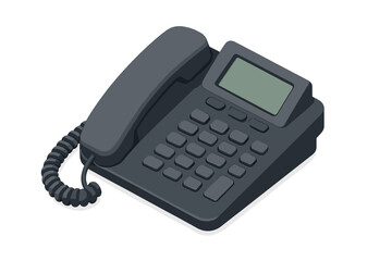 Modern dark gray corded desk phone with display screen and numeric keypad