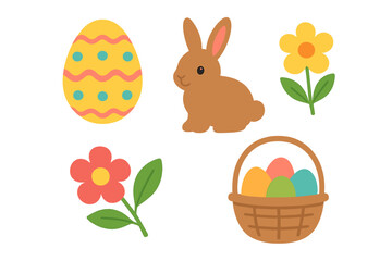Cute Easter symbols set with bunny rabbit decorated eggs spring flowers and basket