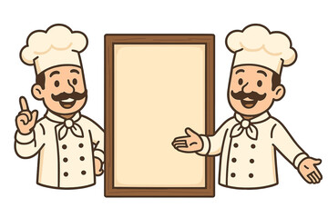 Two cheerful cartoon chefs presenting a blank menu board for restaurant advertising or special offers