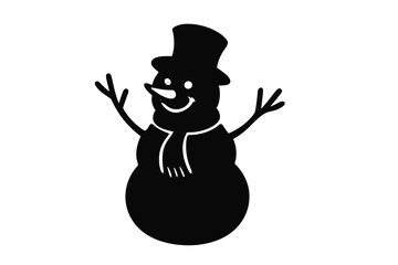 Minimalist black silhouette of a cheerful snowman wearing a classic top hat and winter scarf
