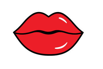 Vibrant bright red female lips with black outline in a retro pop art style