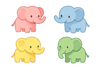 Charming group of four colorful baby elephants with sweet faces and playful trunks