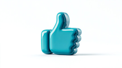 Fototapeta premium A glossy turquoise thumbs up on a white surface in close up view.
