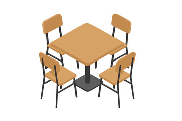 Minimalist square table and four chairs furniture set in isometric perspective