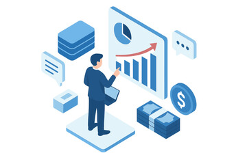 Businessman analyzing financial growth chart and investment data surrounded by money and business icons