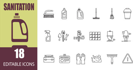 Set of eighteen line icons representing sanitation maintenance and household cleaning supplies offering a diverse range of vector graphics and essential cleaning solutions