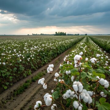 Harvesting Light: Expansive Cotton Field Under a Dramatic Sky with Sunbeams Breaking Through"
"White Gold Rows: A Vast Cotton Crop Ready for Picking Beneath Stormy Clouds"