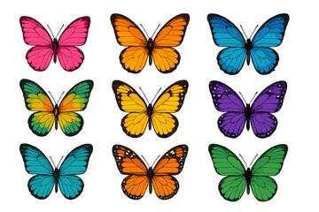 Nine colorful butterflies featuring various species isolated on a white background