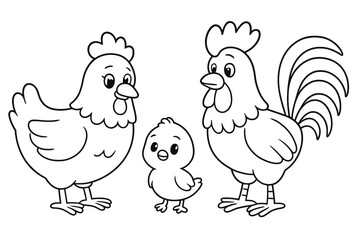 Cute cartoon chicken family outline drawing of rooster, hen, and baby chick