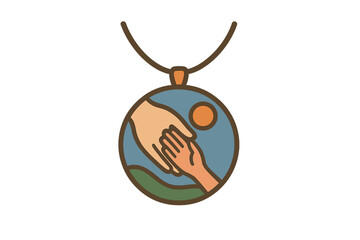 Stylized circular pendant featuring two hands reaching out over a landscape with sun and hills