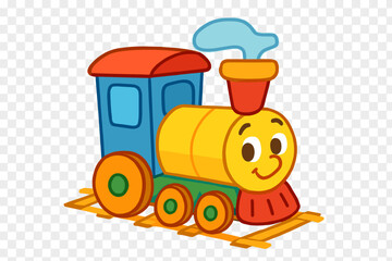 Colorful cartoon steam train engine and passenger carriage on railroad tracks with smiling face