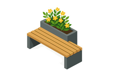 Modern wooden park bench integrated with a rectangular concrete planter box filled with yellow flowers