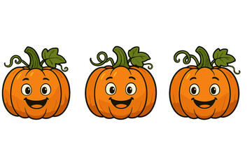 Row of three happy smiling cartoon pumpkins with green leaves and curly vines