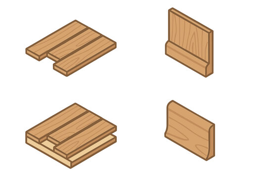 Isometric wooden flooring installation process with baseboard trim elements