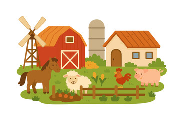 Cute cartoon farm scene with barn, silo, windmill, and domestic animals like horse, sheep, pig, and rooster