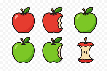 Colorful whole and partially eaten red and green apples showing stages of consumption