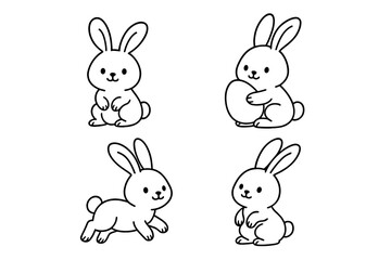 Adorable cartoon rabbits in various poses including sitting, running, and holding an egg