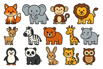 Simple cartoon collection of cute wild and domestic animals for children