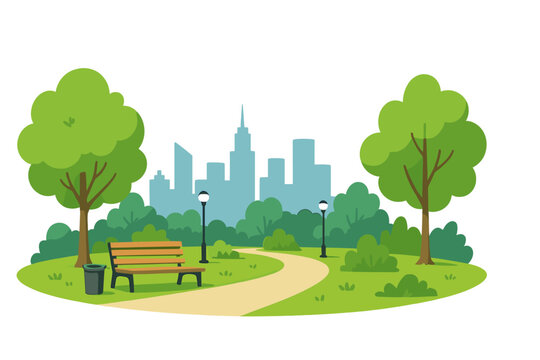 Public park scene with lush greenery, walking path, bench, and modern city skyscrapers