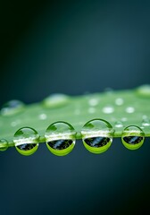 Stunning macro shot of glistening water droplets on vibrant green leaf reflecting intricate natural details, a testament to nature's beauty and delicate balance